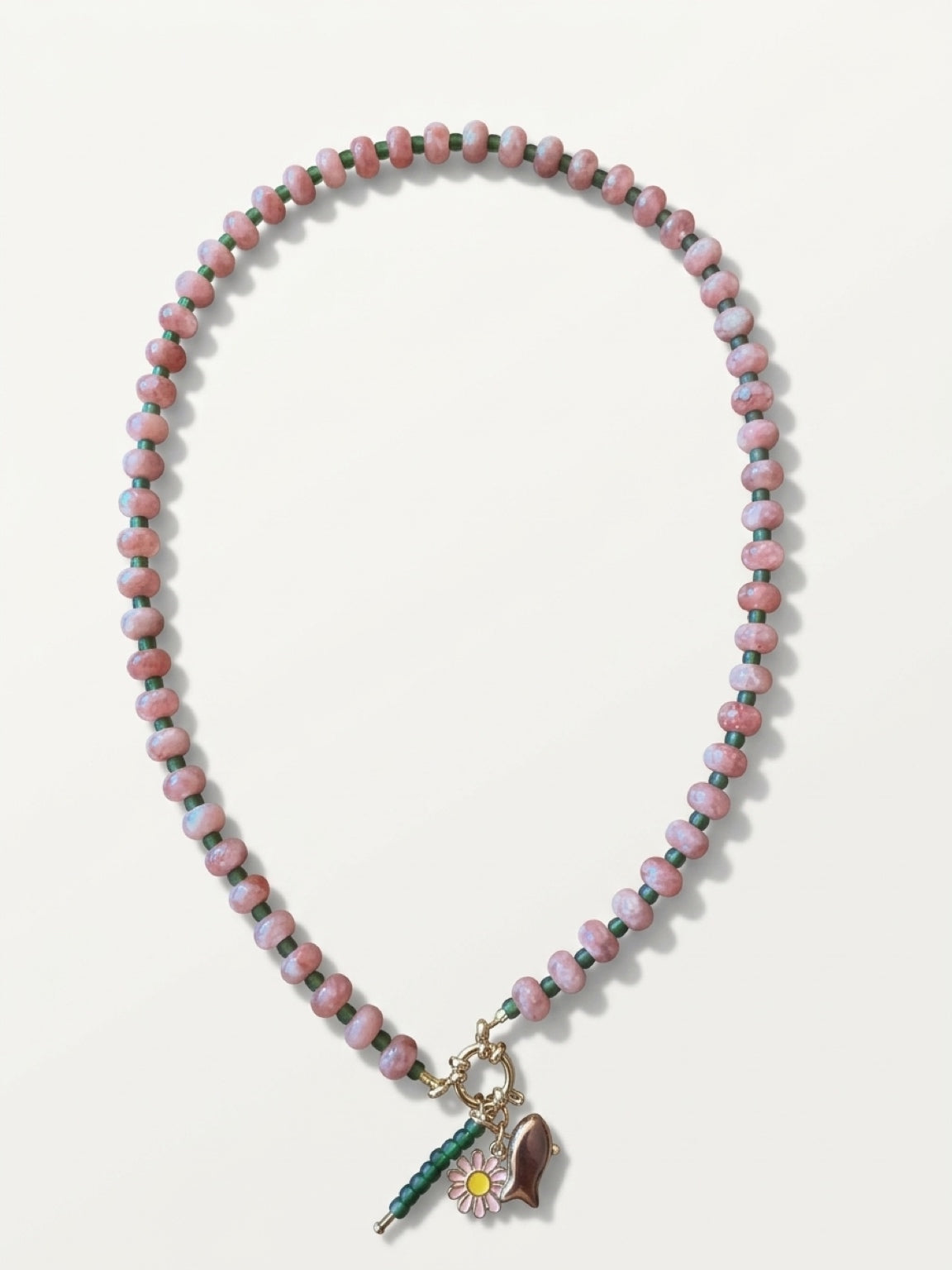 Pink Rhodonite & Green Beaded Toggle Necklace