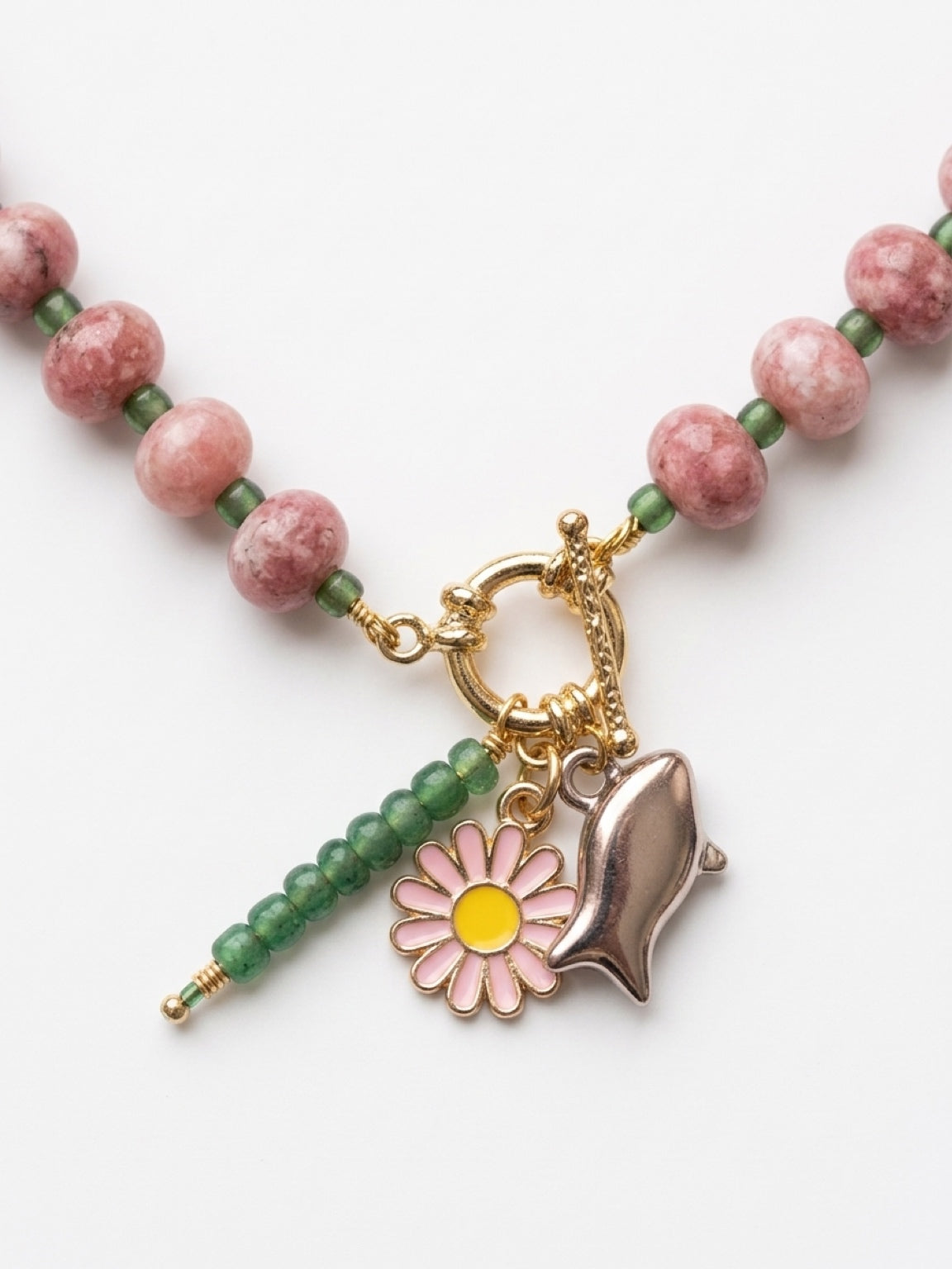 Pink Rhodonite & Green Beaded Toggle Necklace