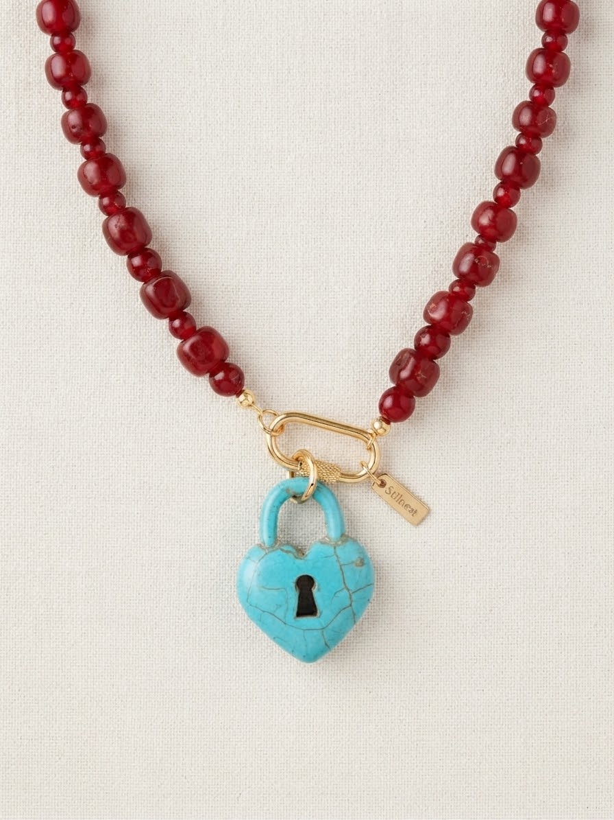 Turquoise Heart Lock Beaded Necklace