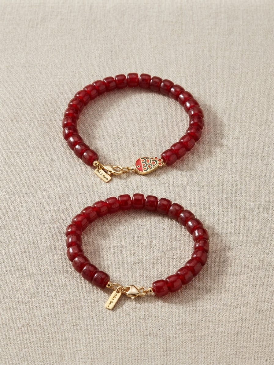 Crimson Bead & Enamel Fish Charm Bracelet
