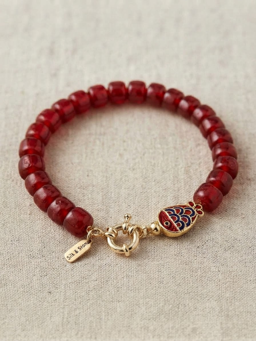 Crimson Bead & Enamel Fish Charm Bracelet