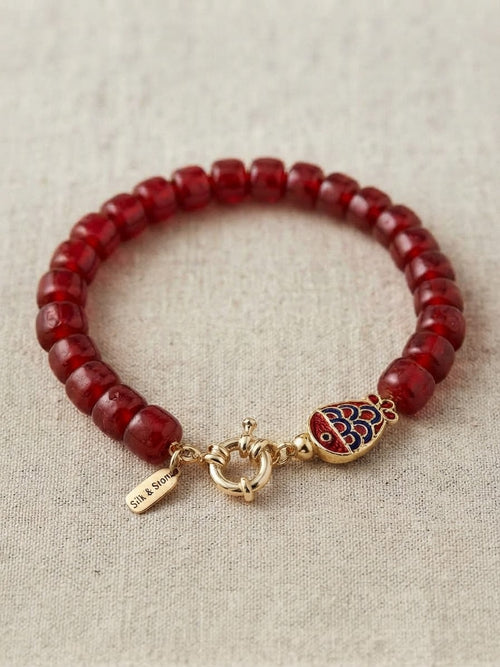 Crimson Bead & Enamel Fish Charm Bracelet